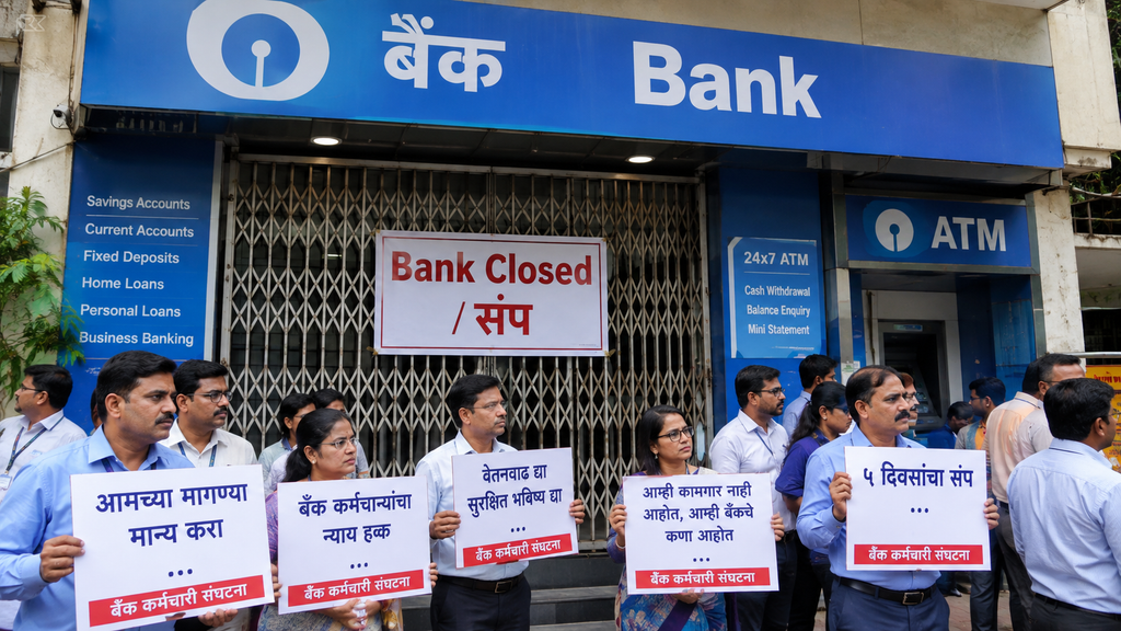 बँक संप 2026 दरम्यान बँकेच्या बंद दरवाजाबाहेर निदर्शने करणारे बँक कर्मचारी