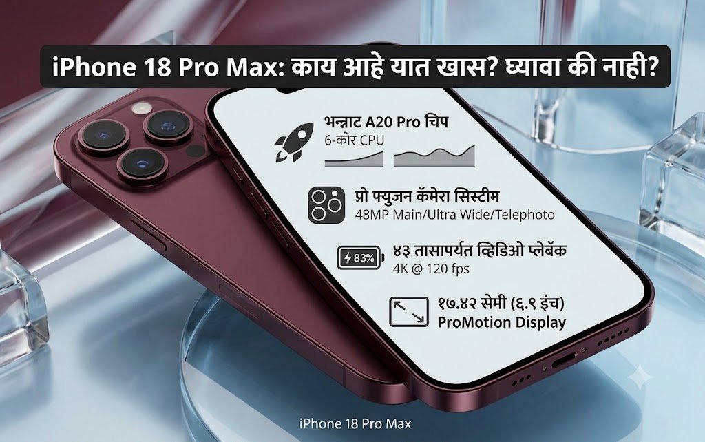 iPhone 18 Pro Max Specifications and Key Features Infographic in Marathi